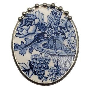 Vintage Broken China Brooch Blue White Flower Basket Grape Transferware Oval Pin